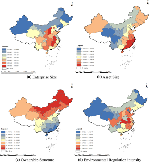 Four provincial maps of China show spatial distributions for enterprise size, asset size, ownership structure, and environmental regulation intensity, each with legends and scale bars.