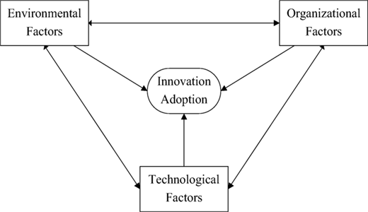 A conceptual model links environmental, organisational and technological factors with innovation adoption through direct and reciprocal relationships.