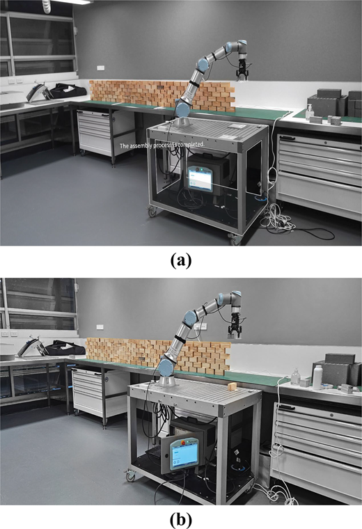 Two panels display a robotic arm assembling a brick wall on a workbench, with the first indicating completion and the second showing a brick placed on the table.