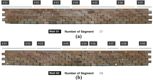 Two wall images display segmented brick patterns labelled sequentially, with the first containing seven segments and the second containing nine segments arranged along the wall length.
