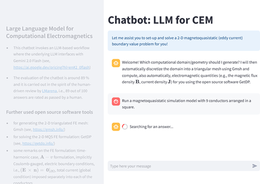 A chatbot interface for computational electromagnetics showing workflow description and example simulation query.