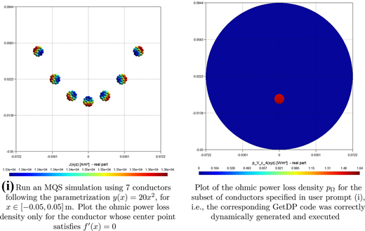 A circular domain highlighting the ohmic power loss density for a selected conductor among a group.