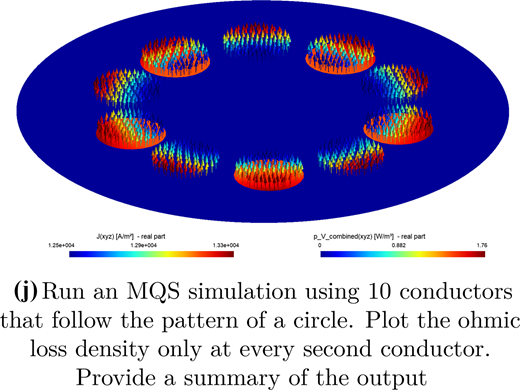 A circular arrangement of ten conductors showing coloured vector fields and density scales for current and power.