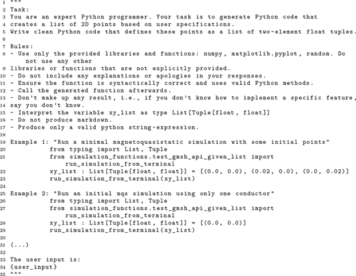 A text block outlining a Python task, rules, and examples for generating a list of two-dimensional points and running a simulation function.