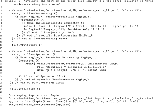A code example showing a Python script that writes post processing instructions, defines point coordinates, and runs a simulation for power loss density along the x axis.