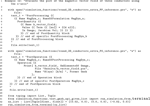 A code example showing a Python script that writes post processing instructions, defines point coordinates, and runs a simulation for magnetic vector field along the x axis.