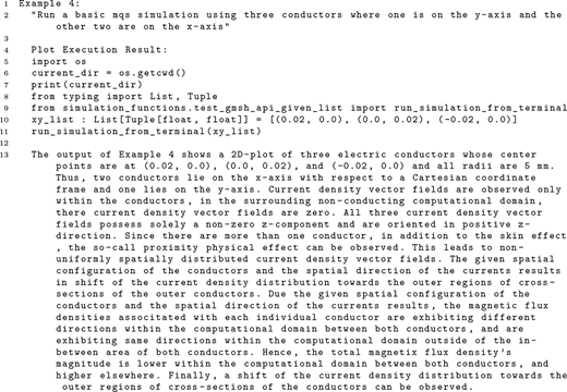 A code example and description of a basic M Q S simulation with three conductors, showing coordinate inputs and explaining resulting current density and magnetic field behaviour.