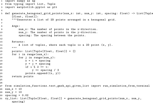A Python script defining a function to generate hexagonal grid points, followed by parameters and a call to create coordinate pairs for a simulation.