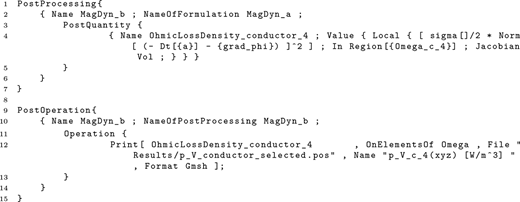 A code snippet defining post processing and post operation steps to compute and export ohmic loss density for conductor four in a simulation.