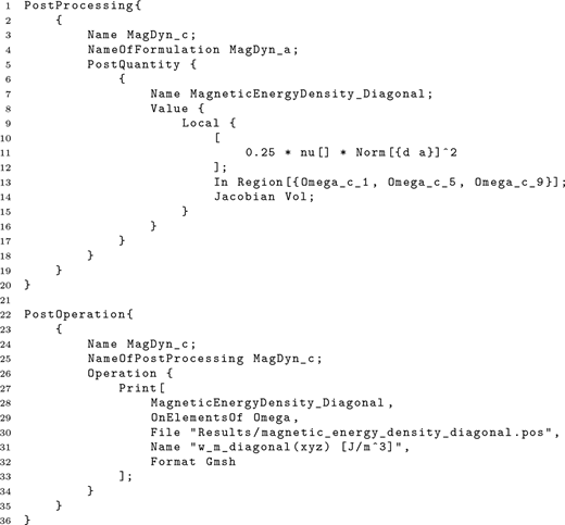 A code snippet defining post processing and post operation steps to compute and export magnetic energy density for selected regions in a simulation.