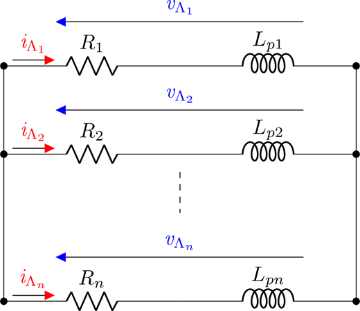 A schematic shows multiple parallel branches with resistors and inductors, each branch labelled with current i sub A and voltage v sub A.