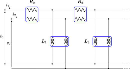 A circuit diagram shows two input currents i 1 and i 2 with resistors R 0 and R 2 and inductors L 1 and L 3 in branches.