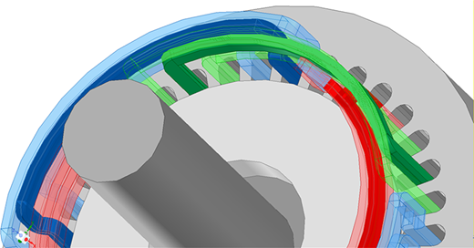 3D finite element model cross-section of an induction machine showing the stator core, teeth, and three-phase winding end-turns.