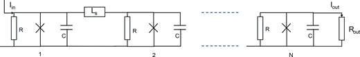 An array of Josephson junctions with an input current and an output current.