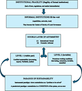A flowchart shows institutional fragility leading to informal governance, double asymmetry, 2 sustainability levels, and a paradox.
