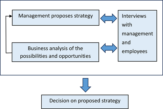 A process diagram shows management strategy development, business analysis, interviews with staff, and a final decision step connected by directional arrows.