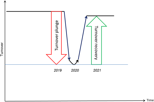 A line chart showing turnover drop in 2020 with arrows marking plunge in 2019 and recovery in 2021.
