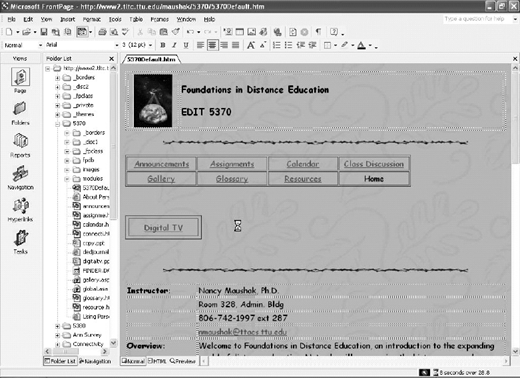 A screenshot of the Microsoft Front Page software interface showing a web page being edited with the title Foundations in Distance Education E D I T 5370.