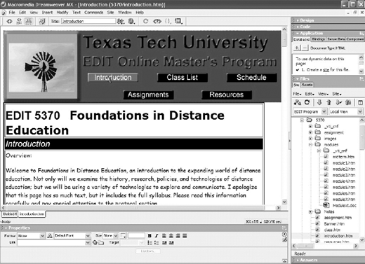 A screenshot of the Macromedia Dreamweaver M X software interface showing the design view of a web page for Texas Tech University E D I T Online Master’s Program, with the title E D I T 5370 Foundations in Distance Education.