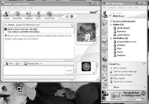 A screenshot of the M S N Messenger application, showing a conversation window with a user named Annie and the main contact list.