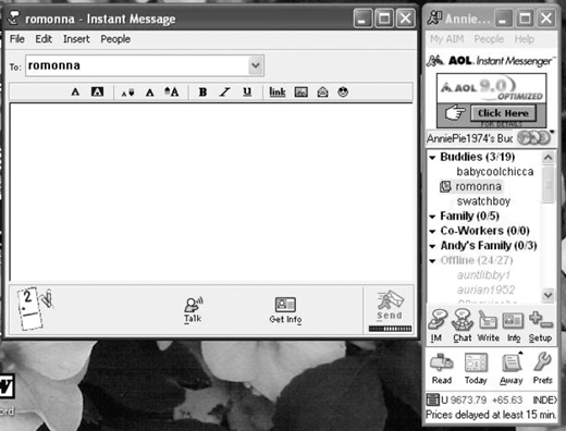 A screenshot of an A O L Instant Messenger (A I M) window showing an open instant message conversation with a user named romonna.