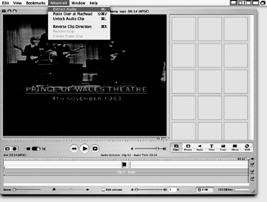A media player interface displays a black and white video labeled Prince of Wales Theatre 4th November 1963, with open Advanced menu, grid section for clips, transport controls, and timeline at the bottom.