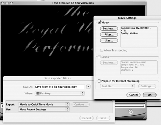 A dialog overlays a movie export window titled Love From Me To You Video, showing Movie Settings for video, QuickTime export options, dropdown menus, checkboxes, and visible button labels.