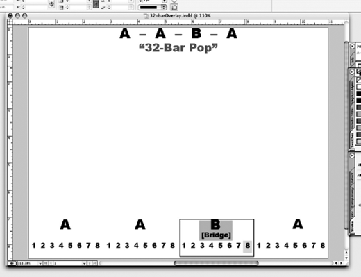 A music composition window diagram labeled 32Bar Pop shows repeated A and B sections across bar numbers with a highlighted bridge, staff rulers, and structured layout.