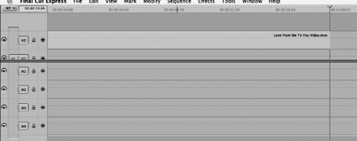 A timeline editing window labeled Final Cut Express shows multiple labeled video and audio tracks, a top menu, and a single video clip placed near the top right.
