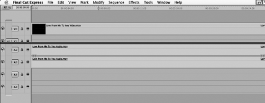 A timeline editing window labeled Final Cut Express shows video track V1 with a single clip and audio tracks A1 and A2 each containing one clip with matching labels, menu bar at top.