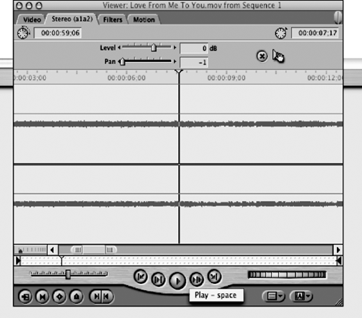 An audio viewer window labeled Love From Me To You . mov shows stereo waveforms, level and pan controls, play bar, navigation sliders, and playback buttons with labeled icons.