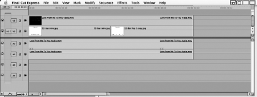 A timeline editing window in Final Cut Express shows video and audio tracks, each with clips and gaps, track V1 has two clips, A1 and A2 show aligned matching audio clips.