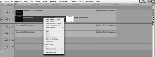 A video editing timeline in Final Cut Express shows video and audio tracks with clips and gaps, a contextual menu open over a selected video clip on V1, and audio A1 and A2 tracks aligned below.