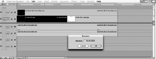 A timeline editing window in Final Cut Express shows video and audio tracks with clips and gaps, a Duration popup box set to 00000000, menu bar at top, and audio clips aligned below video.