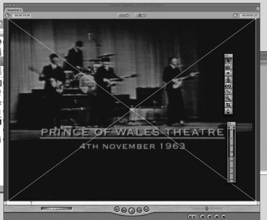 A paused video player window shows a black and white band performance, labeled Prince of Wales Theatre 4th November 1963, with toolbar buttons at the bottom and editing icons vertically on the right.