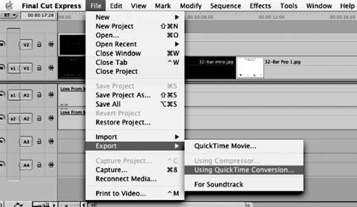 A Final Cut Express timeline editor window displays video and audio tracks, open File menu with Export submenu expanded, showing options for QuickTime Movie and other export methods.