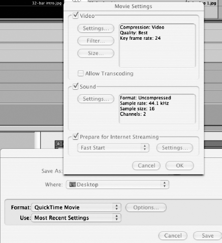 A Movie Settings dialog box shows video and sound compression details, checked options for internet streaming, and Save As field for exporting QuickTime Movie with Most Recent Settings.