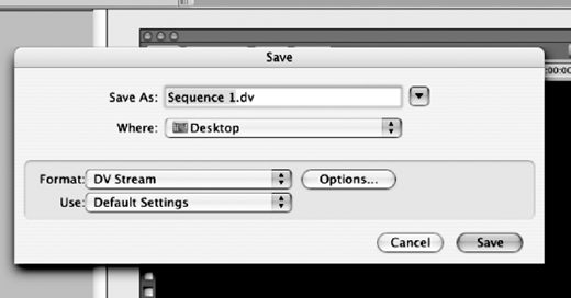 A Save dialog window shows Save As field set to Sequence 1 . dv, Where set to Desktop, Format as DV Stream, Use as Default Settings, with Cancel and Save buttons.