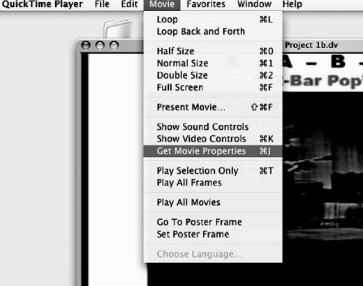 A QuickTime Player window displays the Movie menu open with options like Loop, Half Size, Full Screen, Present Movie, Show Controls, Get Movie Properties, and Set Poster Frame.