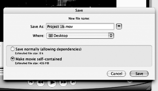 A Save dialog window for a video project shows Save As set to Project 1b . mov, Where set to Desktop, radio buttons for Save normally or Make movie selfcontained, file size estimates, Cancel and Save buttons.