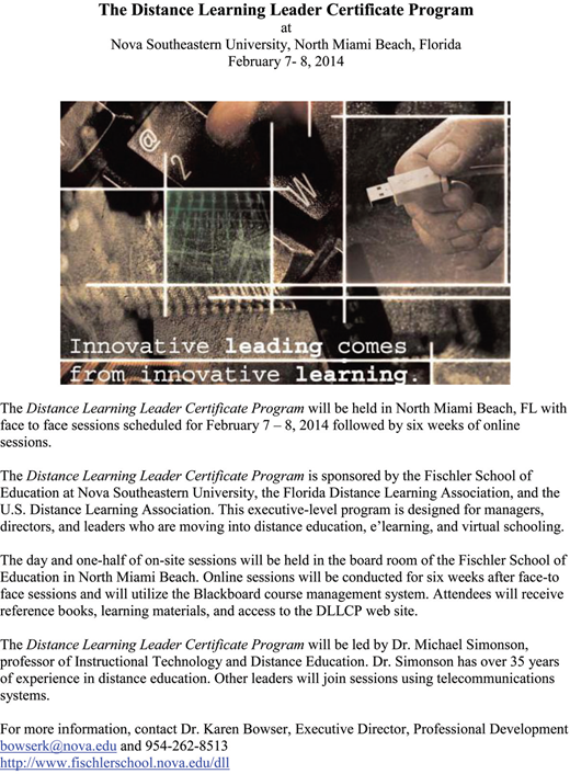 An illustration shows a collage of computer elements including a keyboard with the @ and 2 keys visible, a blurred grid-like pattern, and a hand holding a U S B drive, with text in the bottom left corner that reads Innovative leading comes from innovative learning period.