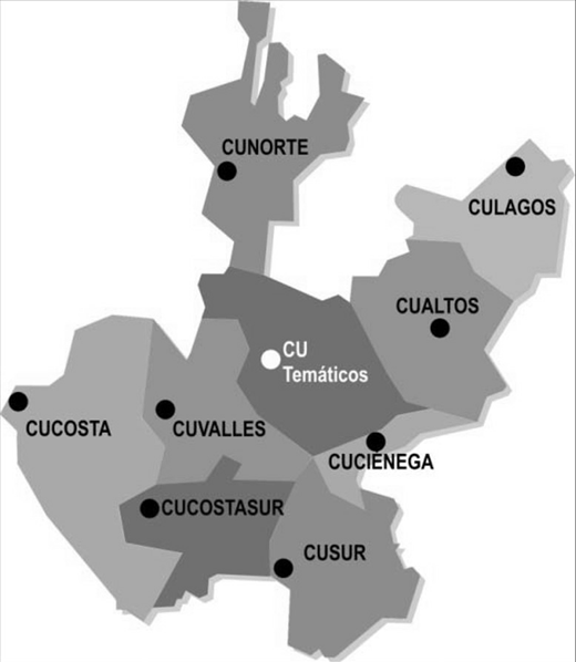 A map of a region is divided into several areas, each labeled with an abbreviation.