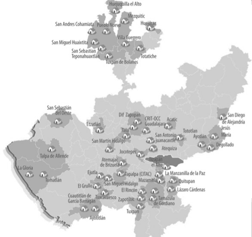 A map of a region has many labeled locations with house-like icons indicating a presence in the following municipalities.