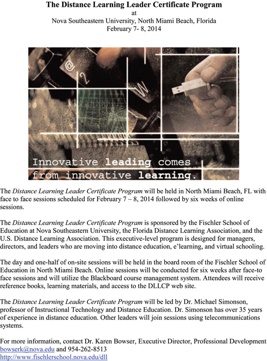 An illustration shows a collage of computer elements including a keyboard with the @ and 2 keys visible, a blurred grid-like pattern, and a hand holding a U S B drive, with text in the bottom left corner that reads Innovative leading comes from innovative learning period.