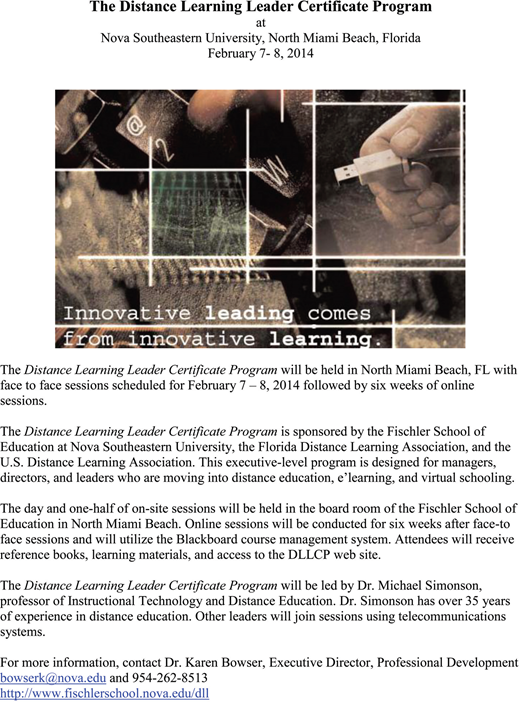 An illustration shows a collage of computer elements including a keyboard with the @ and 2 keys visible, a blurred grid-like pattern, and a hand holding a U S B drive, with text in the bottom left corner that reads Innovative leading comes from innovative learning period.