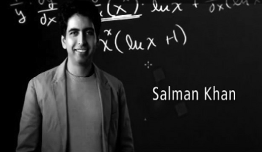 A photograph shows a male, Salman Khan, smiling at the camera in front of a blackboard covered with mathematical equations.