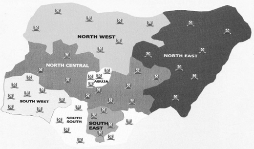 A map presents Nigeria divided into six labelled zones called North West, North Central, North East, South West, South South and South East with Abuja marked in the center and multiple identical icons scattered across all zones.