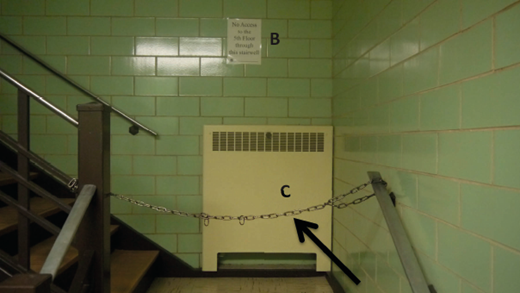 A beige panel labeled C blocks the stairway, secured by a chain across the passage, with a sign labeled B on the wall above prohibiting access.