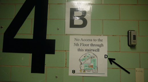 Large number 4, letter B, and a sign reading No Access to the 5th Floor through this stairwell.