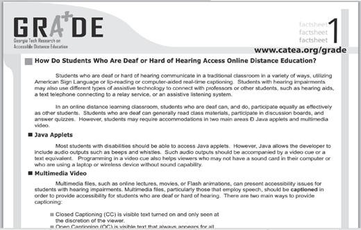 Page from GRADE document on accessibility for deaf or hard of hearing students in online education with sections on Java applets and multimedia.